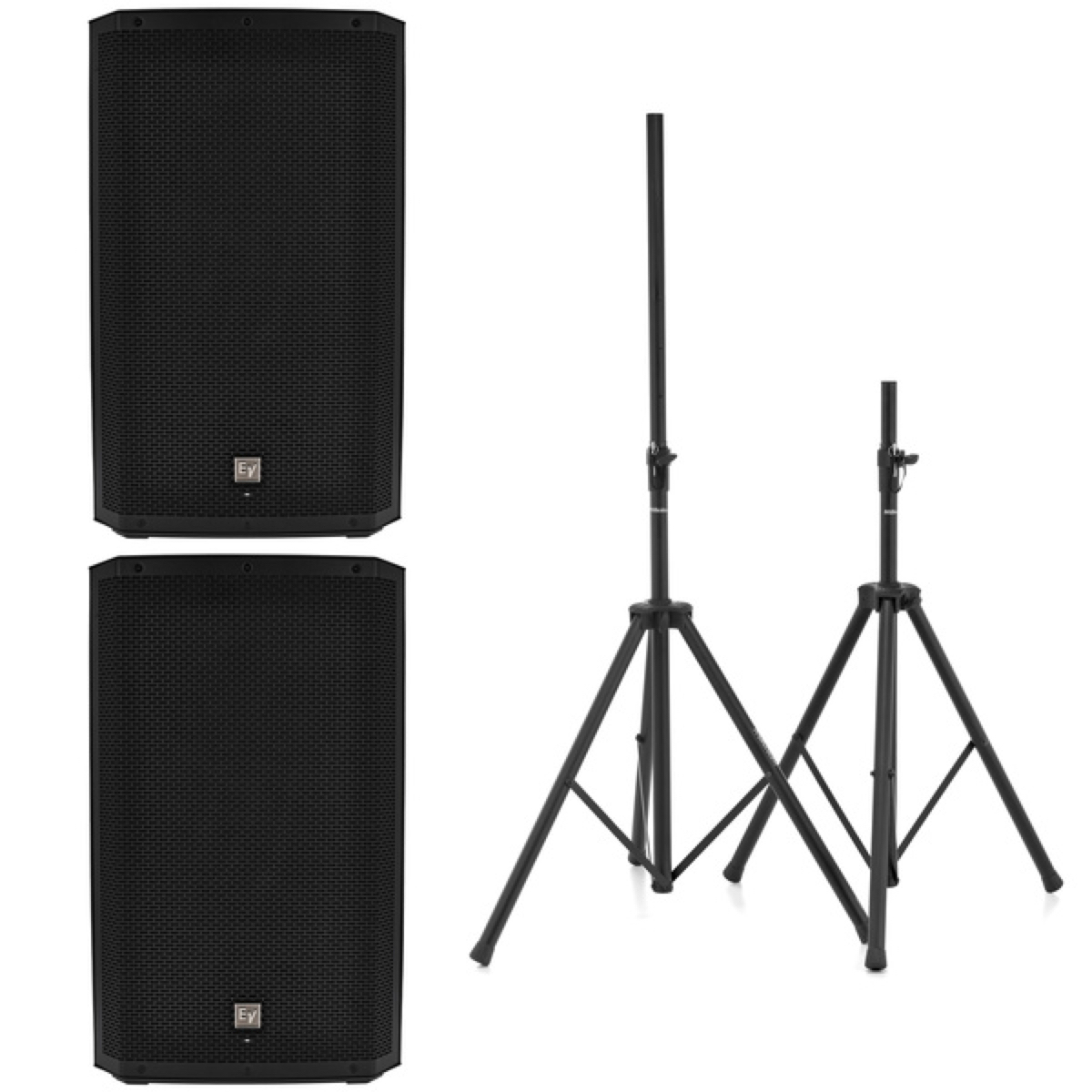 Pack de so amb dos altaveus Electro-Voice ZLX G2 actius muntats sobre suports.