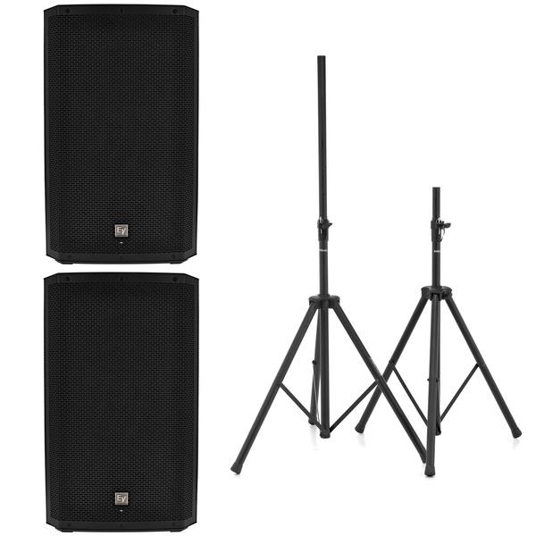 Pack de so amb dos altaveus Electro-Voice ZLX G2 actius muntats sobre suports.